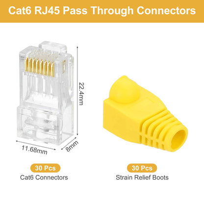 MECCANIXITY 30pcs Cat6 RJ45 Pass Through Connectors, RJ45 Connector 8P8C Gold Plated Plugs with 30pcs Yellow Strain Relief Boots for Solid or Stranded UTP Ethernet Cable, 1.1mm