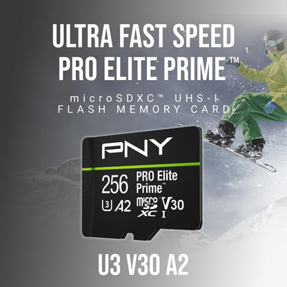 PNY 256GB PRO Elite Prime™ C10 U3 V30 A2 microSDXC Flash Memory Card – Ultra-Fast Speeds, Read 200MB/s, Write 150MB/s, 4K UHD, Full HD, UHS-I, for Smartphones, Drones, Action Cameras