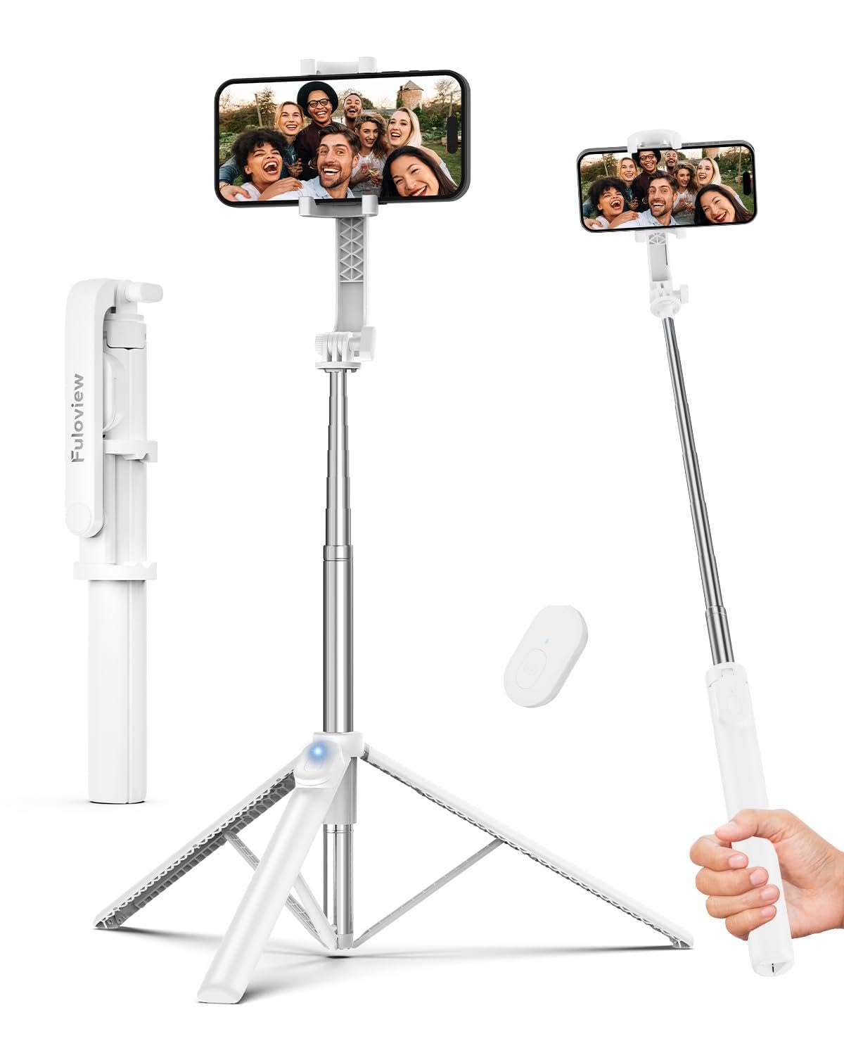 Fuloview 67‘’ Selfie Stick, Phone Tripod with Wireless Remote Control, Portable Selfie Stick Tripod for Photograph, Live Streaming, Video Recording, Compatible with All Cell Phones, White