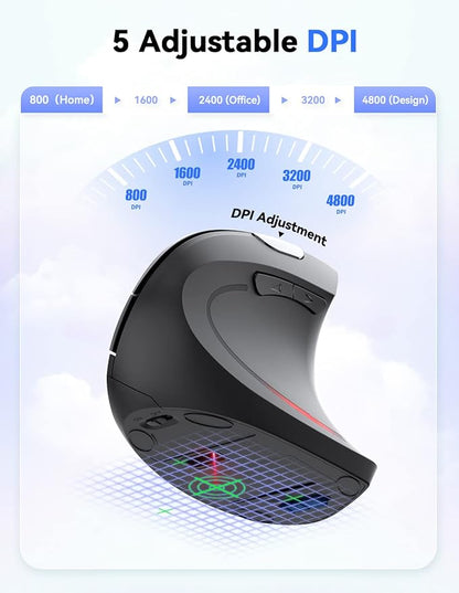 TECKNET 2.4G Ergonomic Mouse Vertical Wireless - 4800 DPI Optical Carpal Tunnel Mouse Right Hand, 5 Adjustable DPI, Quiet Clicks, 6 Buttons for Laptop, Desktop, PC, Computer - Black