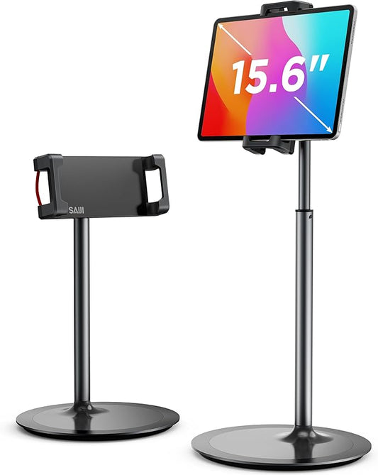 SAIJI iPad Stand for Desk - Height Adjustable Phone Holder (Black)