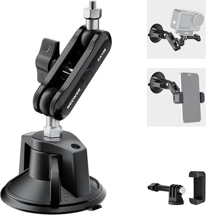 NEEWER Suction Cup Phone Holder & Camera Mount Compatible With GoPro DJI Insta360 iPhone, Car Phone Mount with Action Camera Adapter 360° Magic Arm for POV Windshield Glass Vlog Video Recording, CA158