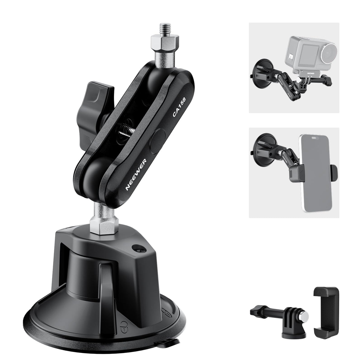 NEEWER Suction Cup Phone Holder & Camera Mount Compatible with GoPro DJI Insta360 iPhone, Car Phone Mount with Action Camera Adapter 360° Magic Arm for Vlogging Video Recording, CA158