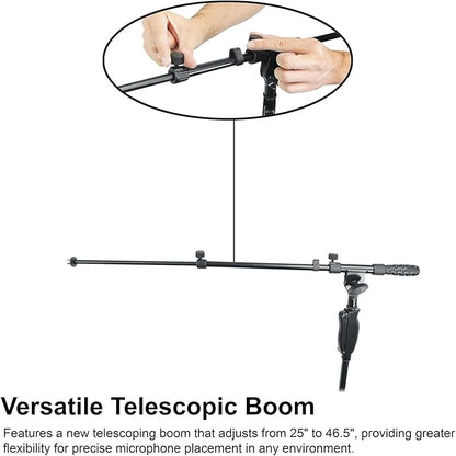 Rockville RVMIC3 V2 Portable Adjustable Tripod Boom Mic Stand for Singers & Musicians, Quick Release Clutch, Sturdy All-Metal, 25"-46.5" Telescopic Boom, Foldable, 6.7 lbs