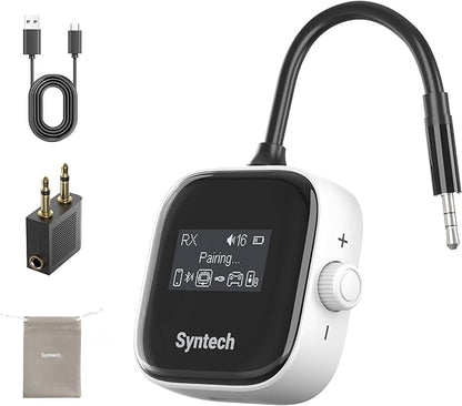 Syntech Airplane Bluetooth Transmitter Receiver for 2 AirPods or Wireless Headphones, HD Display Low Latency 3.5mm AUX Jack Bluetooth 5.4 Audio Adapter for Flying, TV, Car, Gym, Home Stereo White