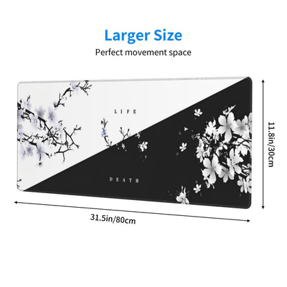 Japanese Life Death Keyboard Mat, Black White Japanese Anime Gaming Mouse Pad for Desk with Anti-Slip Rubber Base and Stitched Edges, Japanese Sakura Pagoda Sun Mouse Pad
