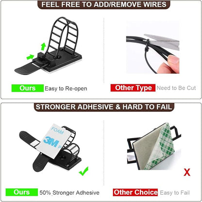 50Pcs Adjustable Adhesive Cable Management Clips, Nylon Cable Strap Ties Wire Clips Clamps Organizer with Strong Adhesive Tape, Extra Screw & Hole for Strong Fixation Home Office - 3.35 Inch Black