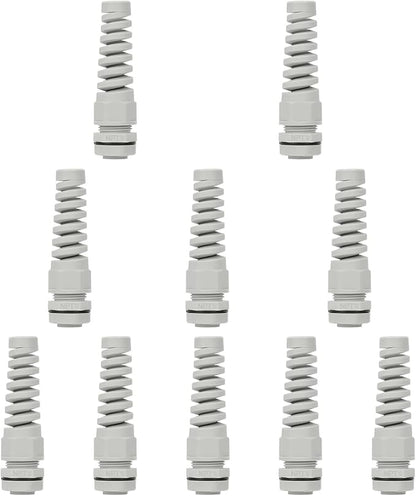 LeMotech 10Pcs NPT 1/4" IP68 Waterproof Cable Gland Flex Spiral Strain Relief Grey Nylon Joint with Gaskets for 4-8mm Wire Thread