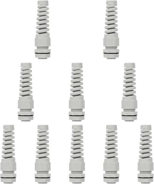 LeMotech 10Pcs NPT 1/4" IP68 Waterproof Cable Gland Flex Spiral Strain Relief Grey Nylon Joint with Gaskets for 4-8mm Wire Thread
