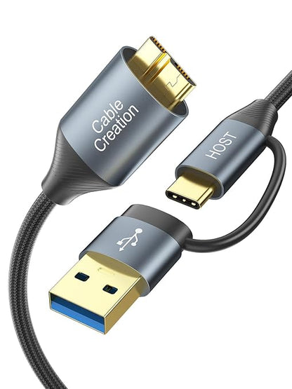 CableCreation USB C Hard Drive Cable 2FT, 5Gbps USB A/C to Micro B, USB 3.0 Cable Compatible with iPhone 15 Plus/15 Pro Max, WD, External Hard Drive, and Camera, Grey