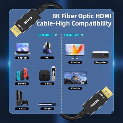 8K HDMI Fiber Optic Cable 65ft, 4K120 8K@60Hz HDMI 2.1 Cable, 48Gbps Ultra High Speed Slim HDMI Optical Audio Cable HDMI Cord, eARC HDR10 HDCP 2.2 Compatible with PS5 Xbox TV Projector