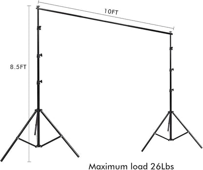 Photo Video Studio 10 x 8.5ft Stand with Muslin Backdrop (Green/White/Black) & 85W 5500K Led Bulb & Umbrella Lighting Kit Photography Background Support System Kit,Clamp, Carry Bag