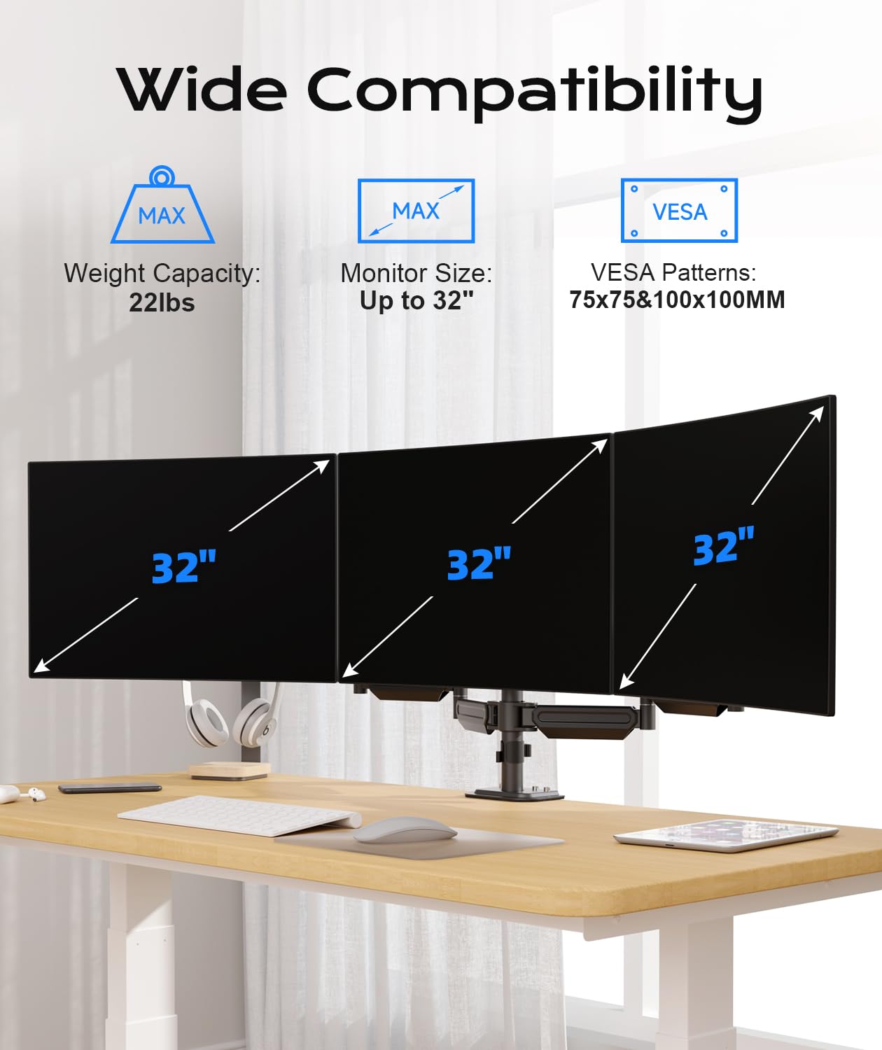 Pholiten Triple Monitor Mount for Desk, 2 Gas Spring Monitor Arms for 17-32 inches Screen, Fully Adjustable Heavy Duty Monitor Mount with Clamp & Grommet Mounting, Each Arm Holds 22 lbs