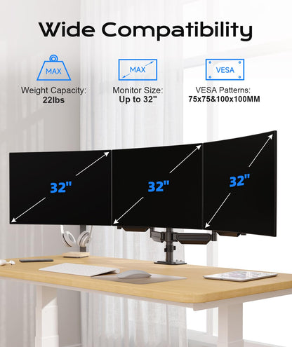 Pholiten Triple Monitor Mount for Desk, 2 Gas Spring Monitor Arms for 17-32 inches Screen, Fully Adjustable Heavy Duty Monitor Mount with Clamp & Grommet Mounting, Each Arm Holds 22 lbs