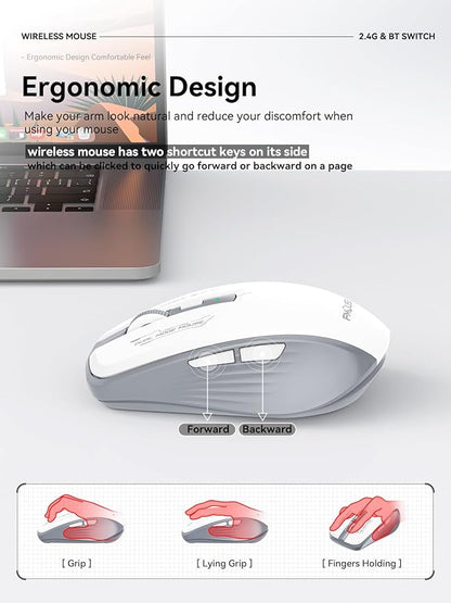 Wireless Mouse (Bluetooth & 2.4GHz USB) with Forward/Backward Side Keys, Silent Click, Ergonomic Portable AA Battery Mice for Laptop/Mac/iPad - Office & Travel Use, White & Grey