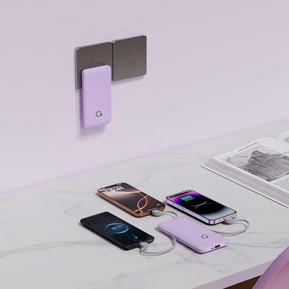 Q 10000mAh Power Bank, Slim Portable Charger,4 Output External Battery Pack with Built-in AC Wall Plug Micro USB C 3 Cables Compatible with iPhone Samsung Android Phone Tablet and More