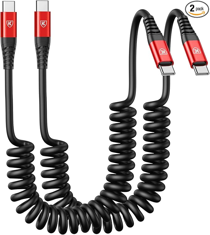 USB C Cable 3ft 2Pack USB C to USB C Charger Cable for Car, Coiled Type C Fast Charging Cable for iPhone 16/15/Plus/Pro/Pro Max/MacBook Pro 2020/iPad Pro 2020/iPad Air 4/Samsung Galaxy S23-Red