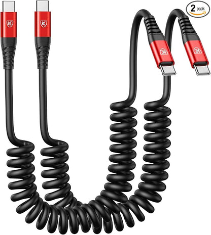 USB C Cable 3ft 2Pack USB C to USB C Charger Cable for Car, Coiled Type C Fast Charging Cable for iPhone 16/15/Plus/Pro/Pro Max/MacBook Pro 2020/iPad Pro 2020/iPad Air 4/Samsung Galaxy S23-Red