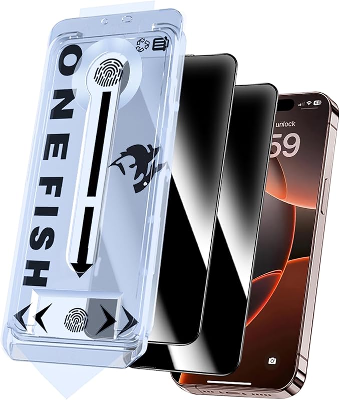 OneFish Screen Protector Privacy for iphone 16, Airbag Edge Protection, Anti Spy Private Tempered Glass Film with Installation Frame, 9H Scratch Resistant, Easy Installation, 2Pack