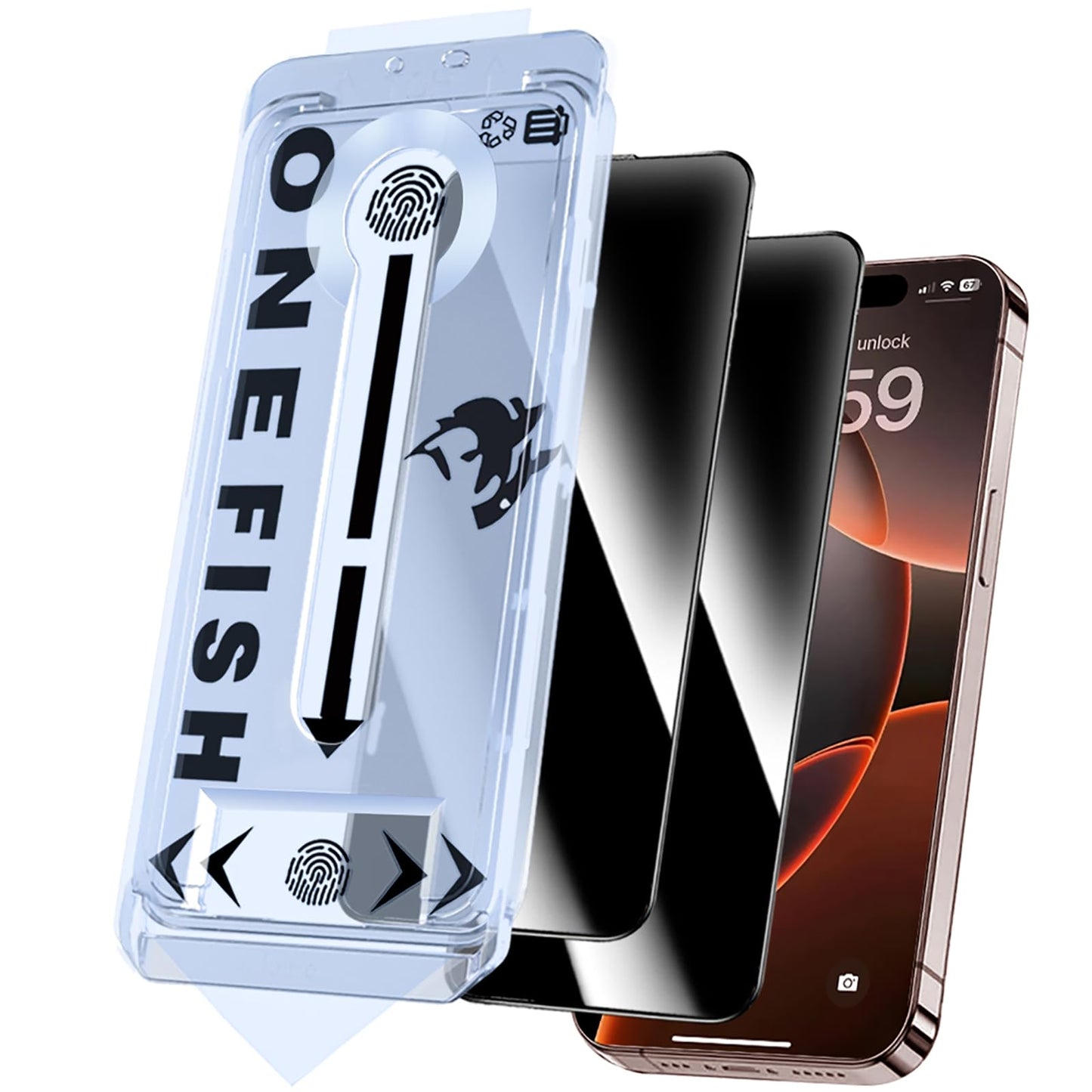 OneFish Screen Protector Privacy for iphone 16, Airbag Edge Protection, Anti Spy Private Tempered Glass Film with Installation Frame, 9H Scratch Resistant, Easy Installation, 2Pack