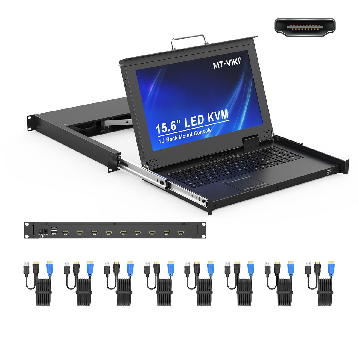 MT-VIKI® KVM Rack Mount HDMI with 17.3'' LCD Monitor, 1080P@60Hz Support OSD/Hotkey, Included 8 KVM Cables+Keyboard + Touchpad, Fit 1U 19'' Rack, Mount Depth 23.6-31.8"