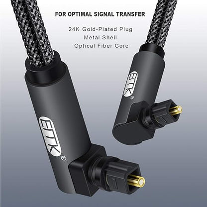 EMK 【Upgraded】 Double 90 Degree Optical Audio Cable Free-Rotating Toslink Plug Nylon Braided S/PDIF Digital Right Angle Optical Male to Male Cable for Home Theater,Sound Bar,TV(10ft/3m)