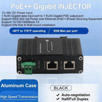 xoxnikior Industrial Gigabit 95W PoE++ Injector, 12-48VDC, DIN-Rail
