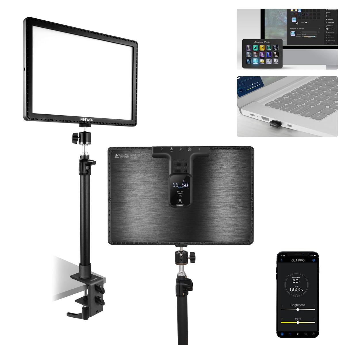 NEEWER GL1C RGB 15.5" Key Light, 48W Edge Lit Soft LED Video Panel Streaming Gaming Lighting with 2.4G PC/Mac iOS/Android APP/WiFi/Stream Deck Control, Touch Bar, 2900K-7000K, Music Sync, 18 Scenes