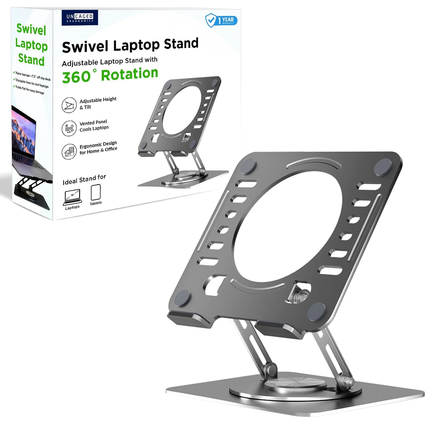 Uncaged Ergonomics Swivel Laptop Stand for Desk, Adjustable Computer iPad Stand for Desk w/ 360 Rotation, Portable Laptop Holder for Home Office Ergonomic Supplies (Space Gray)