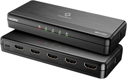 8K HDMI Splitter 1 in 4 Out, 1x4 Duplicate/Mirror Screens, HDMI 2.1, 8K@60Hz, 4K@240Hz (DSC), 4K@120Hz, Auto Downscaling, 48Gbps, HDCP 2.3, Compatible with Xbox, PS5, Blu-ray Player