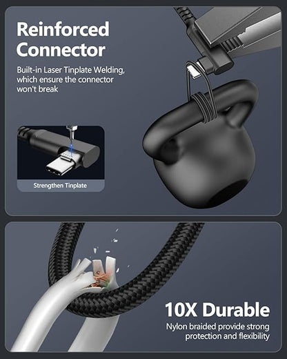 SUNGUY USB C Cable Right Angle 0.8FT, 10Gbps USB 3.1 Gen 2 to USB C Data Cable Compatible with iPhone 16/15 Series, Android Auto, Samsung Galaxy S24/S23, SSD, Huawei P30/P20, i-Pad Pro-Black