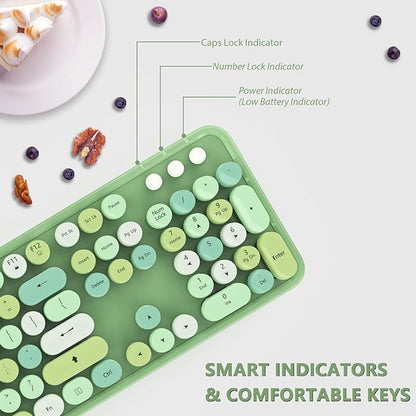 Green Wireless Keyboard and Mouse, KOOTOP Cute Green Colorful Keyboard and Mouse, 2.4G Wireless Keyboard with Retro Round Keycap for PC, Mac, Laptop,Tablet,Computer Windows (Green)