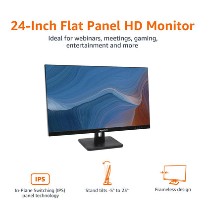 Amazon Basics 24-inch Full HD IPS Monitor, 75 Hz, 1080P, HDMI, Display Port and VGA Input, Adjustable Stand, VESA Compatible, Built-in Speakers for Office and Home, Black