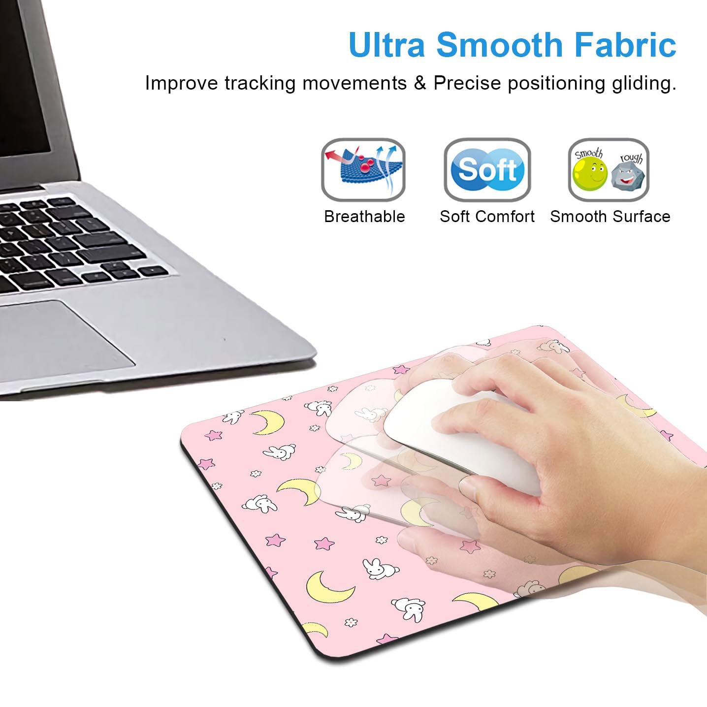 IMAYONDIA Pink Kawaii Mouse Pad, Cute Moon Bunny Small Mouse Mat，Aesthetic Anime Mousepad for Women Kids Office Home School, Computer PC Laptop Mice Pad, 9.5 x 7.9 Inch