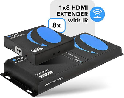 OREI 1080P 1x8 HDMI over Ethernet Extender Splitter CAT6/7 Over Cable Full HD with IR Remote EDID Management - Up to 400 Ft - Low Latency - Full Support, 1x8 upto 395 FT (HD-EX108)