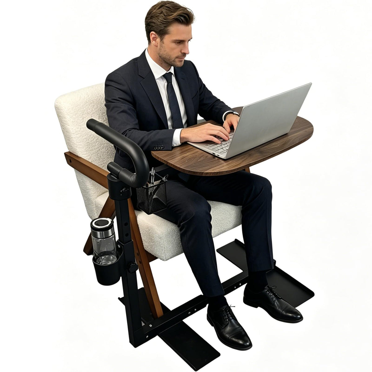Adjustable Swivel Tray Table for Recliner, 360° Rotating TV Tray Table Support Handle, Built-in Cup Holder & Metal Pen Holder, Height Adjustable Overbed Side Table for Seniors, Sofa, Eating, Working