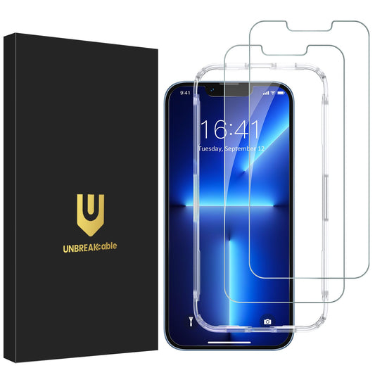 UNBREAKcable 2-Pack Screen Protector for iPhone 14/13/13 Pro Military-Grade Shatterproof Tempered Glass [9H+ Hardness] [Easy Installation Frame] [99.99% HD Clear] for Apple iPhone 13 Pro/13/14