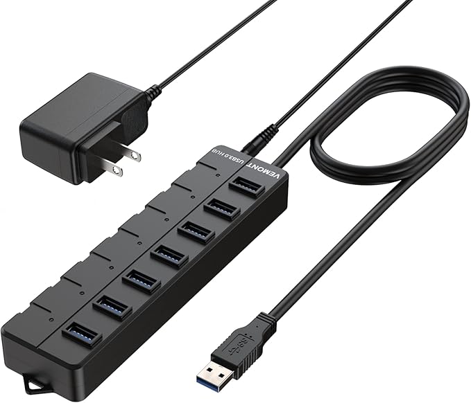 VEMONT USB hub,Computer Peripheral Equipment 7-Port USB 3.0 hub with 5V2A Power Adapter and Individual On/Off Switches,USB Charging hub 4ft/1.2m Long Cable