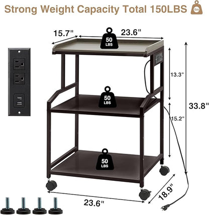 Lauren&Harold 34'' Printer Stand with Power Outlets & USB Ports, 3-Tier Adjustable Rolling Cart, Heavy Duty 150LBS Storage Table with Wheels for Office, Kitchen, Living Room, Bronze