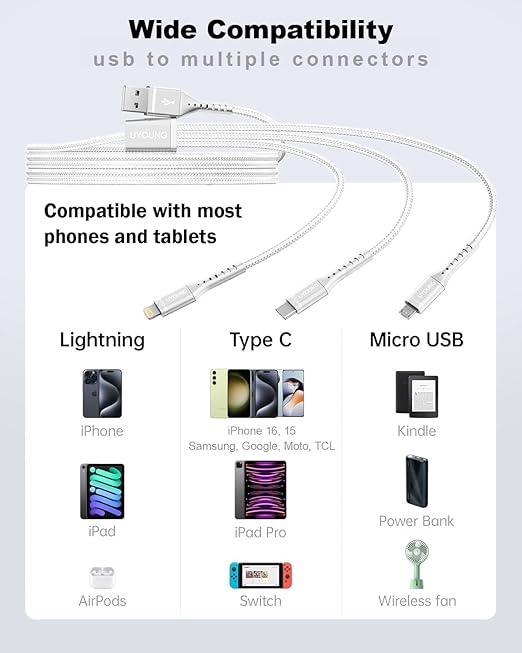Short Multi Charging Cable 1FT 2Pack 3 in 1 Charger Cord Braided Universal Phone Cords with Lightning/Type C/Micro USB Connectors, Multiple USB Cable for iPhone/Samsung/Google Phones and More