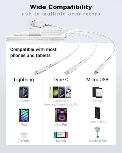 Multi Charging Cable 2Pack 6FT, 3 in 1 Charger Cable Braided Universal Phone Charging Cord with Lightning/Type C/Micro USB Ends, Multiple USB Cable for iPhone/Samsung/Google Cell Phones and More