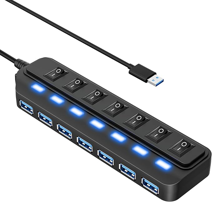 USB Hub 7 Port,USB 3.0 Hub Splitter with Individual On/Off LED Switches, USB Hub for PC 5Gbps HighSpeed Data for Laptop, MacBook, Mac Pro, Mac mini, iMac, Surface Pro and More