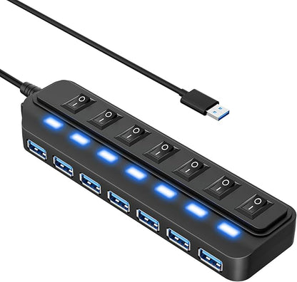 USB Hub 7 Port,USB 3.0 Hub Splitter with Individual On/Off LED Switches, USB Hub for PC 5Gbps HighSpeed Data for Laptop, MacBook, Mac Pro, Mac mini, iMac, Surface Pro and More