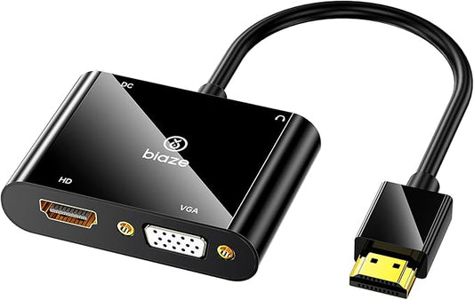 biaze HDMI to VGA and HDMI Adapter, Dual Output 1080P Video Converter with Audio, USB-Powered HDMI Splitter for Laptop, TV Box, Projector, Monitor