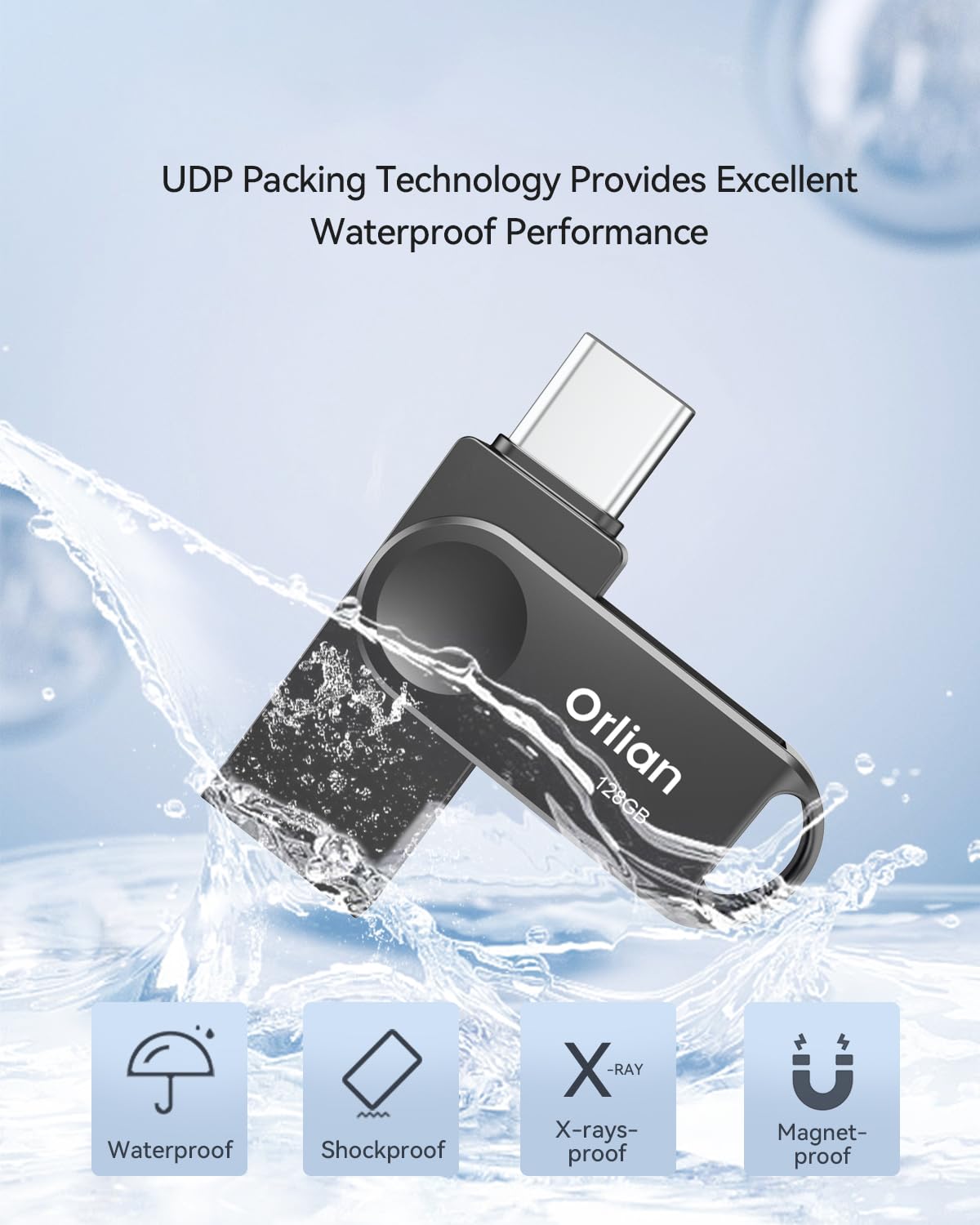 Orlian 2PCS 128GB USB C Flash Drive for Phone, Dual USB 3.0 Phone Thumb Drive Type-C & USB-A, up to 110MB/S Metal Waterproof Swivel Memory Stick for iPhone 15/16/17, Android, Tablet, Computer PC