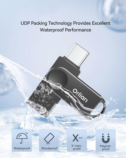 Orlian 2PCS 128GB USB C Flash Drive for Phone, Dual USB 3.0 Phone Thumb Drive Type-C & USB-A, up to 110MB/S Metal Waterproof Swivel Memory Stick for iPhone 15/16/17, Android, Tablet, Computer PC