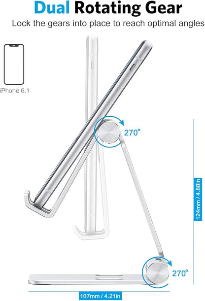 OMOTON Foldable Cell Phone Stand, C4 Portable Aluminum Phone Holder, Adjustable Phone Dock Cradle Compatible with iPhone 16/15/14/13 Pro Max, Samsung Galaxy, Small Tablets, All Smart Phones, Silver