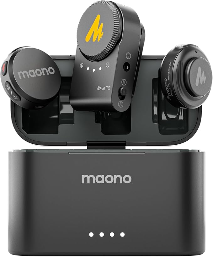 MAONO Wireless Lavalier Microphone for Camera/PC/Laptop/Phones, Mini Lapel Mic with 48khz 24bit, 1000ft Range, Noise Cancellation, Gain Knob, Mono-Stereo Switch, 30H Use for Video Recording - Wave T5