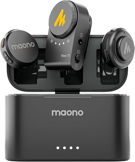 MAONO Wireless Lavalier Microphone for Camera/PC/Laptop/Phones, Mini Lapel Mic with 48khz 24bit, 1000ft Range, Noise Cancellation, Gain Knob, Mono-Stereo Switch, 30H Use for Video Recording - Wave T5