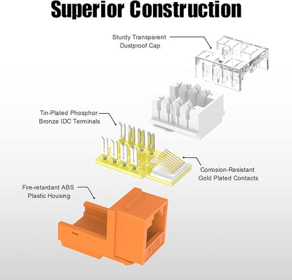 VCE UL Listed Cat6 RJ45 Keystone Jack Insert 25-Pack, 90 Degree Punch Down Keystone Jack Adapter Slim Profile Orange